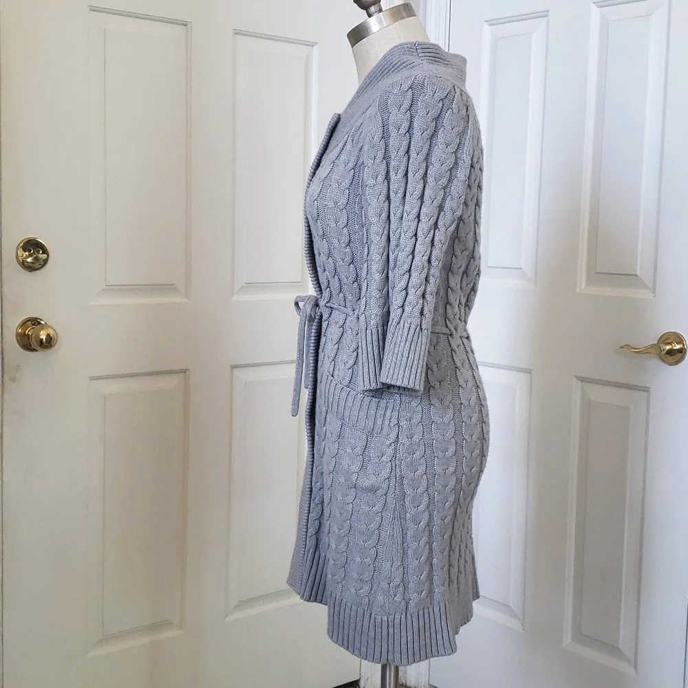 The LIMITED Gray Chunky Cable Knit Belted Cardigan | Long Line Duster | SMALL